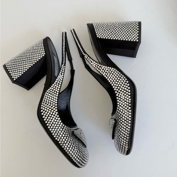 PradaBlack Satin Leather Jewel embellished Triangle logo slingback pumps EU 39 - Picture 4 of 14